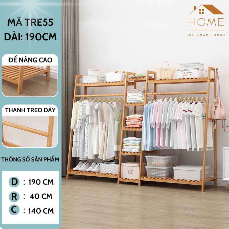 Kệ Treo Quần Áo Đa Năng Chất Liệu Gỗ Tre Có Ngăn Chứa Đồ Tiện Lợi, Decor Phòng Ngủ, Văn Phòng, Homestay (Màu gỗ tự nhiên- 190cm)