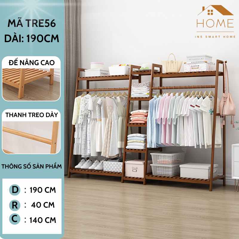 Kệ Treo Quần Áo Đa Năng Chất Liệu Gỗ Tre Có Ngăn Chứa Đồ Tiện Lợi, Decor Phòng Ngủ, Văn Phòng, Homestay (Màu nâu cafe- 190cm)