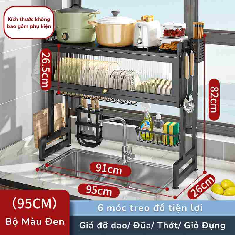 Kệ Chén Bát Đa Năng Trên Bồn Rửa Có Nắp Che Màu Đen 95cm