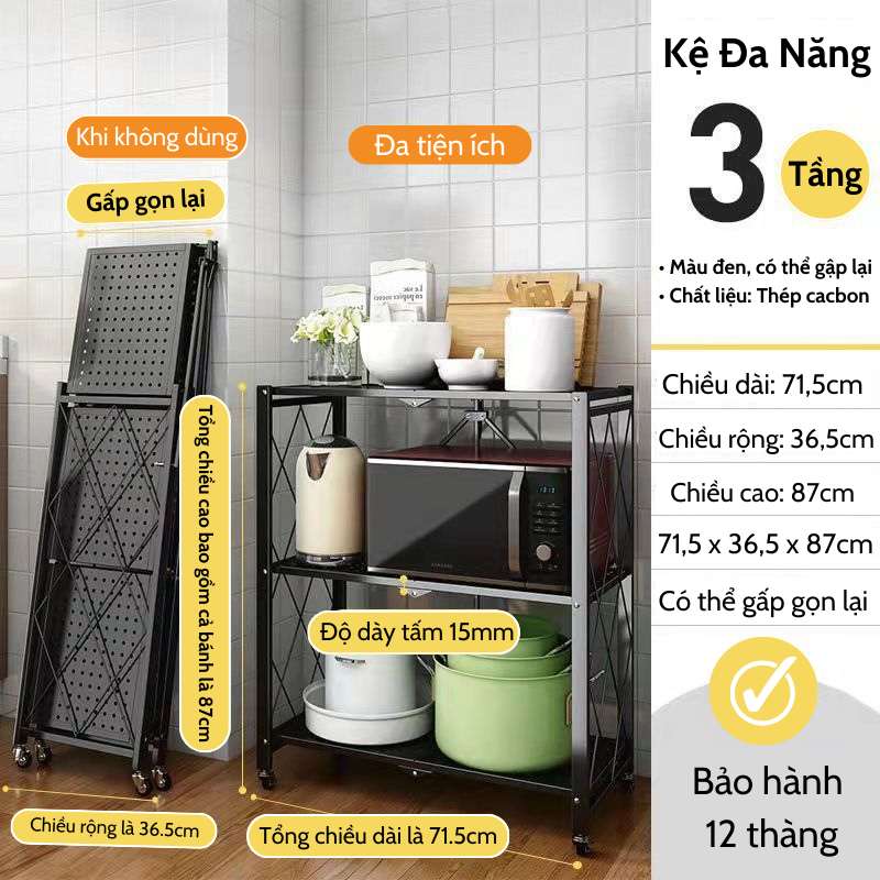 Kệ Đa Năng Nhà Bếp Gấp Gọn 3 Tầng, Thế Hệ Mới Chất Liệu Thép Sơn Tĩnh Điện Siêu Bền