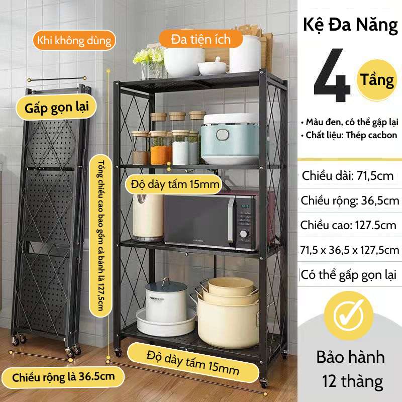 Kệ Đa Năng Nhà Bếp Gấp Gọn 4 Tầng, Thế Hệ Mới Chất Liệu Thép Sơn Tĩnh Điện Siêu Bền