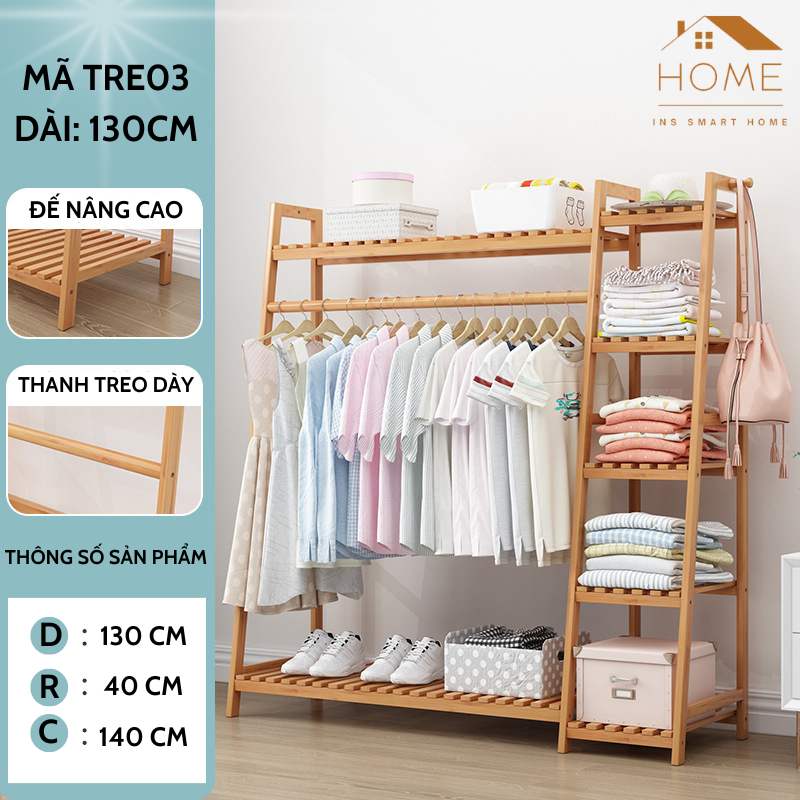 Kệ Treo Quần Áo Đa Năng Chất Liệu Gỗ Tre Có Ngăn Chứa Đồ Tiện Lợi, Decor Phòng Ngủ, Văn Phòng, Homestay (Màu gỗ tự nhiên- 130cm)