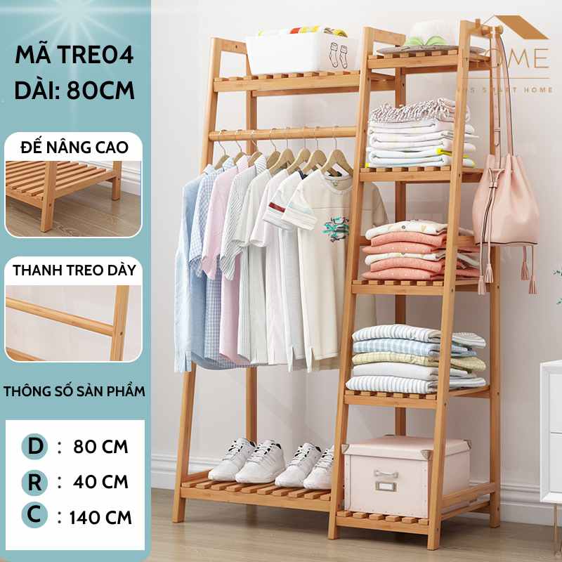 Kệ Treo Quần Áo Đa Năng Chất Liệu Gỗ Tre Có Ngăn Chứa Đồ Tiện Lợi, Decor Phòng Ngủ, Văn Phòng, Homestay (Màu gỗ tự nhiên- 80cm)