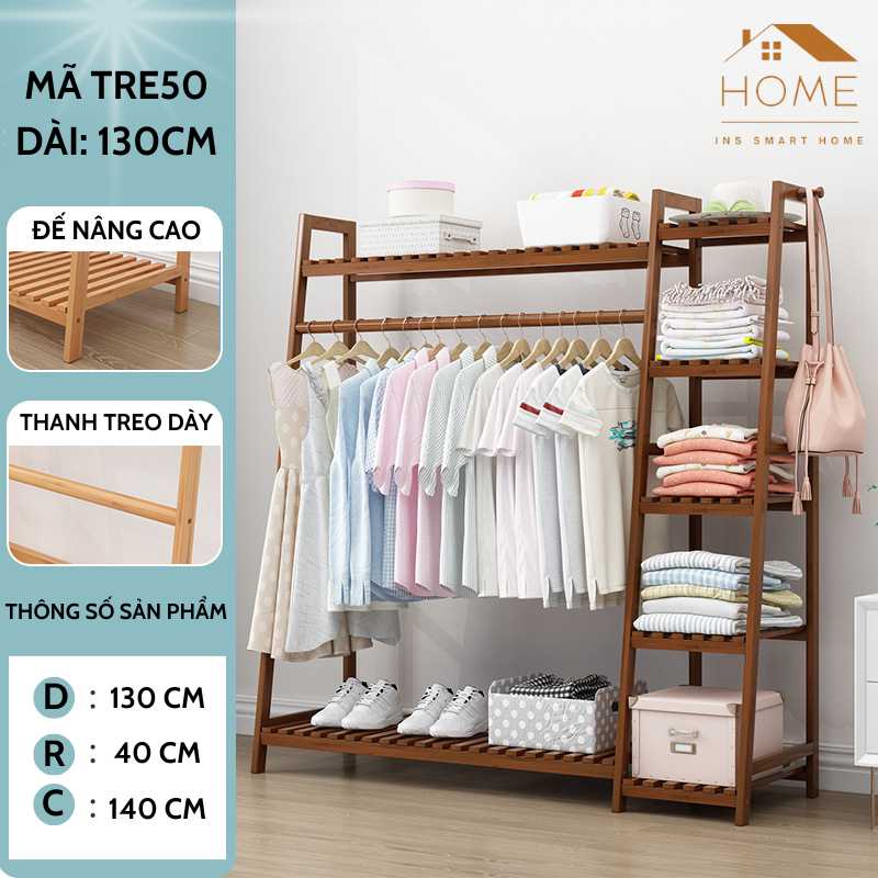 Kệ Treo Quần Áo Đa Năng Chất Liệu Gỗ Tre Có Ngăn Chứa Đồ Tiện Lợi, Decor Phòng Ngủ, Văn Phòng, Homestay (Màu nâu cafe- 130cm)