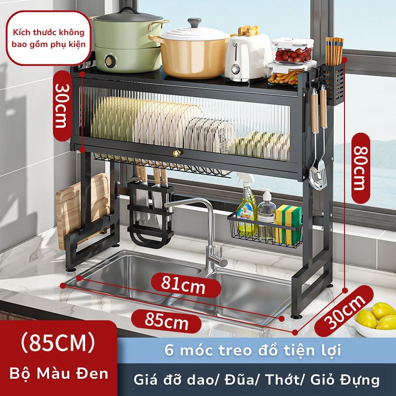 Kệ Chén Bát Đa Năng Trên Bồn Rửa Có Nắp Che Màu Đen 85cm